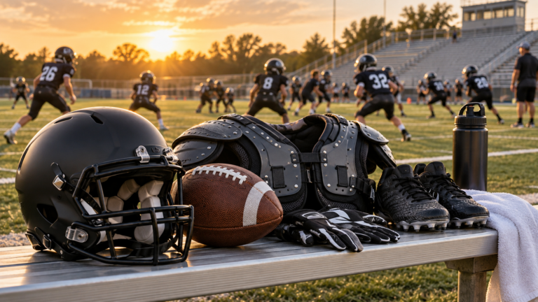 Youth tackle football equipment on a sideline bench with players practicing in the background